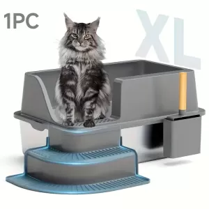 Arenero de Acero Inoxidable Extra Grande para Gatos con Tapa - Diseño de Alta Pared, Anti-Salpicaduras, a Prueba de Fugas, Fácil de Limpiar con Pala y 4 Alfombrillas Antideslizantes