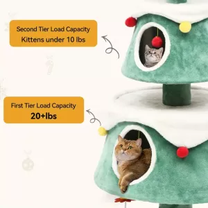 Árbol de Navidad para Gatos con Juguete Colgante y Casa de Gato – Torre para Gatos de Interior, Diseño Navideño para 2 Gatos