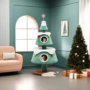 Árbol de Navidad para Gatos con Juguete Colgante y Casa de Gato – Torre para Gatos de Interior, Diseño Navideño para 2 Gatos