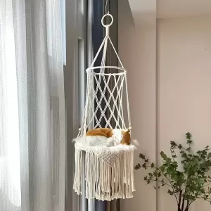 Cama Colgante de Macramé para Gatos - Hamaca Bohemia Tejida a Mano Ideal para Gatos de Interior