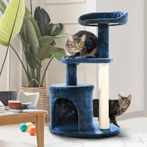 Árbol para Gatos Azul Profundo con Rascador, Perchas Acolchadas y Juguetes - Ideal para Gatos de Interior