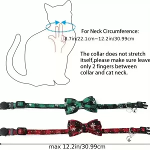 Set de 2 Collares Navideños para Gatos con Cierre de Seguridad - Diseño Festivo con Moño, Cascabel y Copos de Nieve