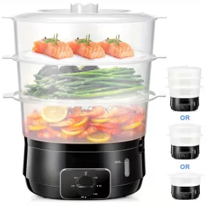 Vaporera Eléctrica de 3 Niveles. Cocción Rápida y Saludable con Temporizador y Cestas Libres de BPA