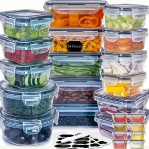 Juego de 48 Contenedores de Almacenamiento de Alimentos de Polipropileno - Tapas Herméticas de Ala de Gaviota, Aptos para Microondas y Lavavajillas, Incluye Etiquetas y Marcador - Contenedores Apilables para Organización de Cocina y Despensa