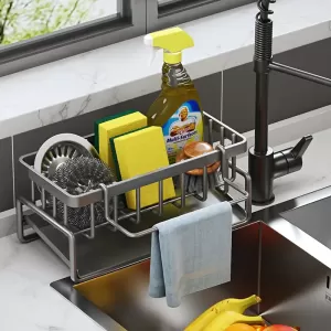 Organizador de Fregadero Multifuncional de Cocina con Bandeja de Drenaje y Soporte para Paños