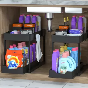 Set of 2 Pull-Out Storage Boxes for Kitchen and Bathroom Cabinets - Durable Plastic Layered Design