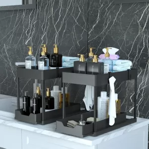 Set of 2 Pull-Out Storage Boxes for Kitchen and Bathroom Cabinets - Durable Plastic Layered Design