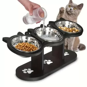 Elevated Cat Bowls with 15° Tilt – Adjustable Feeding Stand with 3 Stainless Steel Bowls for Cats and Small Dogs