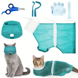 5-in-1 Cat Grooming Kit: Adjustable Bathing Bag, Nail Clippers, Flea Removal Tool, Massage Brush, and Durable Grooming Net