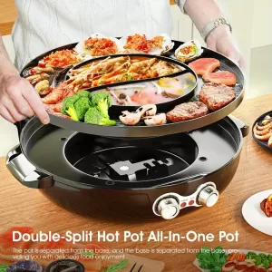 2-in-1 Electric Smokeless Black Grill and Hot Pot - Detachable Cooking Plate and Deluxe Combo Accessory Kit