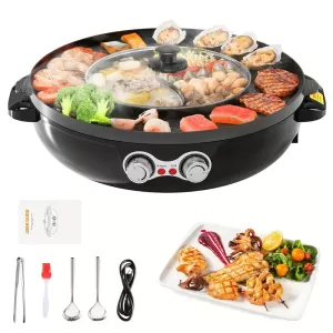 2-in-1 Electric Smokeless Black Grill and Hot Pot - Detachable Cooking Plate and Deluxe Combo Accessory Kit