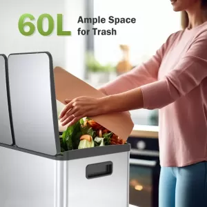60L Large Capacity Silver Kitchen Trash Can with Double Compartment Recycling and Ladder-Style Lid