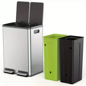 60L Large Capacity Silver Kitchen Trash Can with Double Compartment Recycling and Ladder-Style Lid