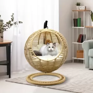 Handmade Wicker Cat Bed – Indoor & Outdoor Pet Swing with Removable Cushion and Hanging Ball