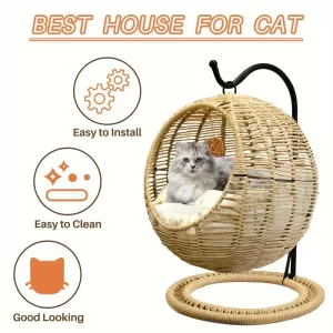 Handmade Wicker Cat Bed – Indoor & Outdoor Pet Swing with Removable Cushion and Hanging Ball