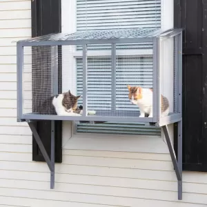 Outdoor Wooden Cat Enclosure – Weatherproof Cat Patio with Window Perch, Hammock, and Secure Galvanized Mesh
