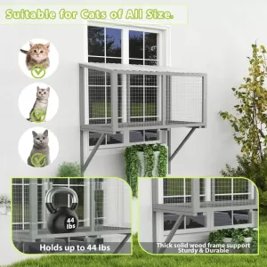 Outdoor Wooden Cat Enclosure – Weatherproof Cat Patio with Window Perch, Hammock, and Secure Galvanized Mesh