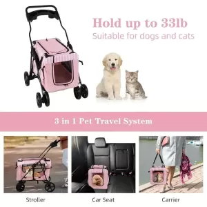 Foldable Pet Stroller with Detachable Carrier Bag – Perfect for Cats and Small to Medium Dogs