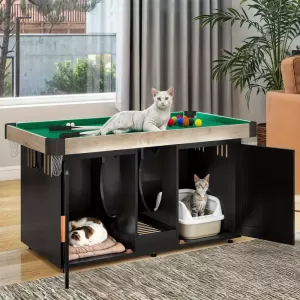 Multi-Functional Wooden Cat Cabinet with Interactive Toys and Hidden Litter Box