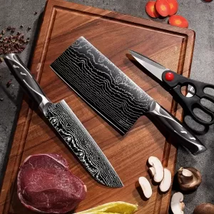 7-Piece Damascus Pattern Stainless Steel Kitchen Knife Set with Universal Knife Holder – Includes Chef, Fruit, and Safety Knives