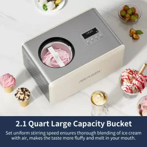 2.1-Quart Ice Cream Maker with Built-in Compressor, No Pre-Freezing Required, Fully Automatic, LED Display & Timer, 72-Minute Cooling Function, Stainless Steel