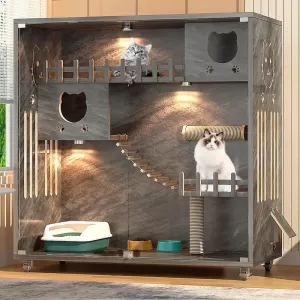 Spacious Grey Wooden Cat Condo with Scratch Post, Indoor/Outdoor Enclosure for Multiple Cats with Wheels