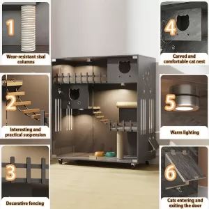 Spacious Grey Wooden Cat Condo with Scratch Post, Indoor/Outdoor Enclosure for Multiple Cats with Wheels