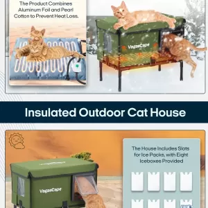 Cozy Heated Cat House – Waterproof and Insulated Outdoor Shelter with Dual Entry Doors, Green 21x18x13 Inches