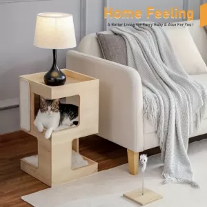 Small Modern Cat Tree for Indoor Cats – Compact Wooden Cat Furniture with Scratching Pad and Free Toy