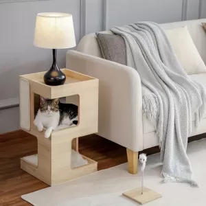 Small Modern Cat Tree for Indoor Cats – Compact Wooden Cat Furniture with Scratching Pad and Free Toy