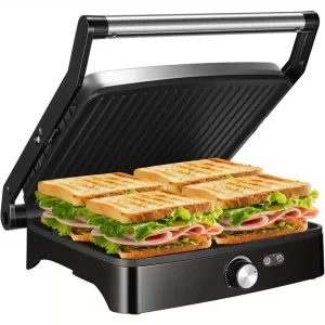 Parrilla Panini Press 4 en 1 para Sándwiches y Más - Antiadherente, Ajustable y con Bandeja Recolectora de Grasa