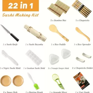 Kit Completo para Hacer Sushi - 22 en 1 con Esteras de Bambú, Molde de Arroz, Cuchillo de Chef y Más