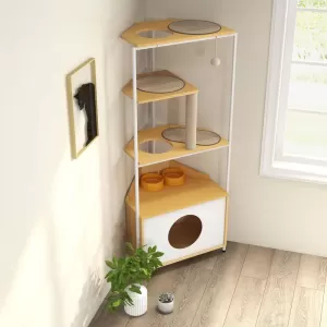 Multifunctional Cat Shelf with Feeding Station and Scratching Post – Space-Saving Modern Design