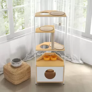 Multifunctional Cat Shelf with Feeding Station and Scratching Post – Space-Saving Modern Design